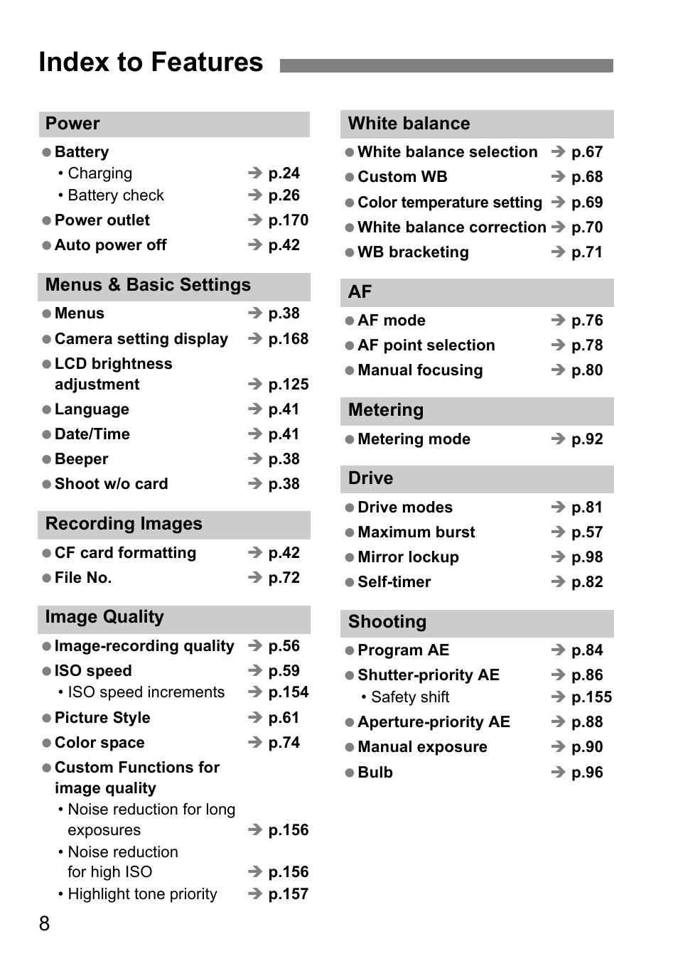 Index to features | Canon 40D User Manual | Page 8 / 196