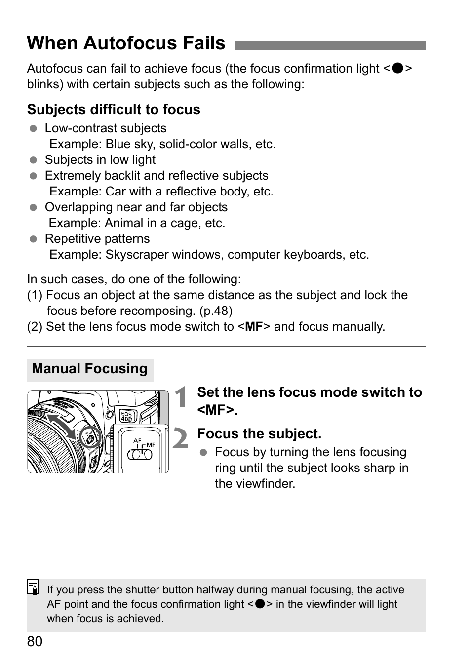 When autofocus fails | Canon 40D User Manual | Page 80 / 196