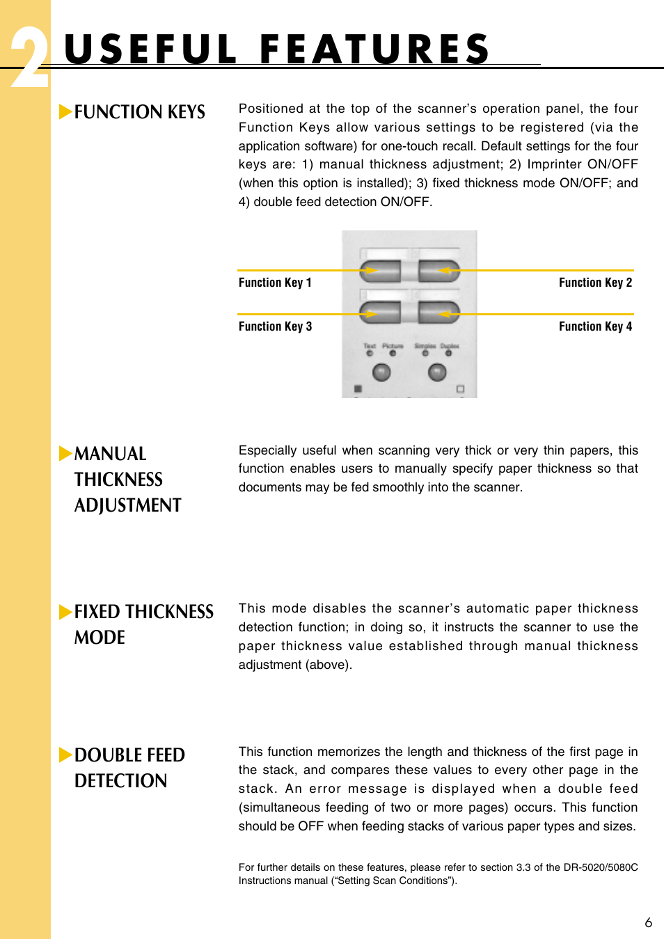 Function keys, Manual thickness adjustment, Fixed thickness mode | Double feed detection | Canon DR-5080C  EN User Manual | Page 7 / 12