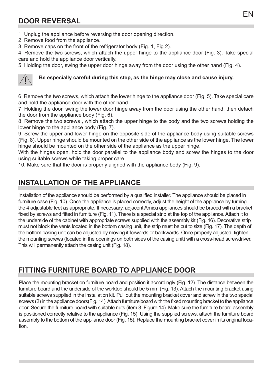 Door reversal, Installation of the appliance, Fitting furniture board to appliance door | Baumatic BR100 User Manual | Page 17 / 28