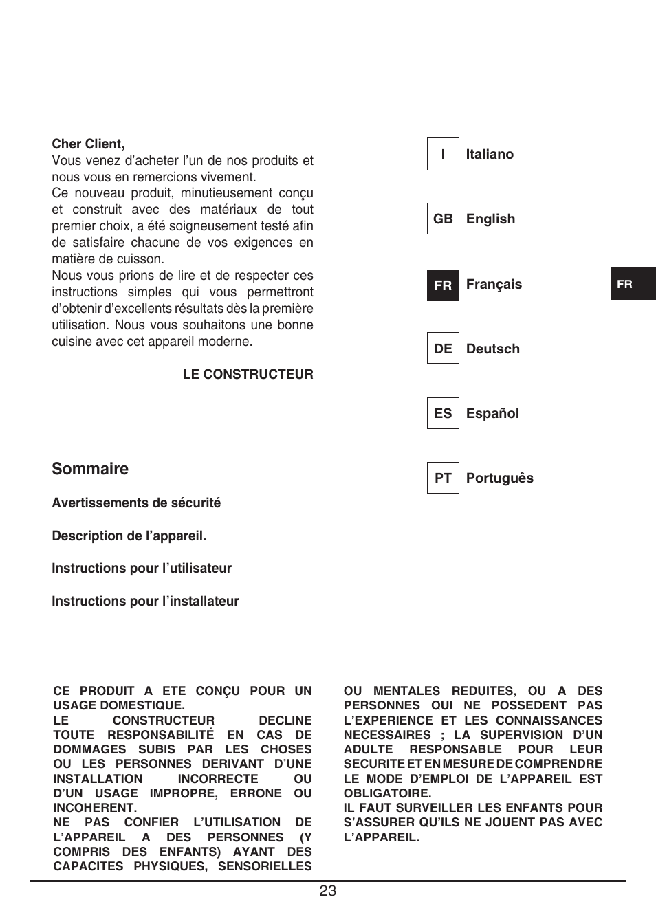 Sommaire | Baumatic BHTP400SS User Manual | Page 23 / 68