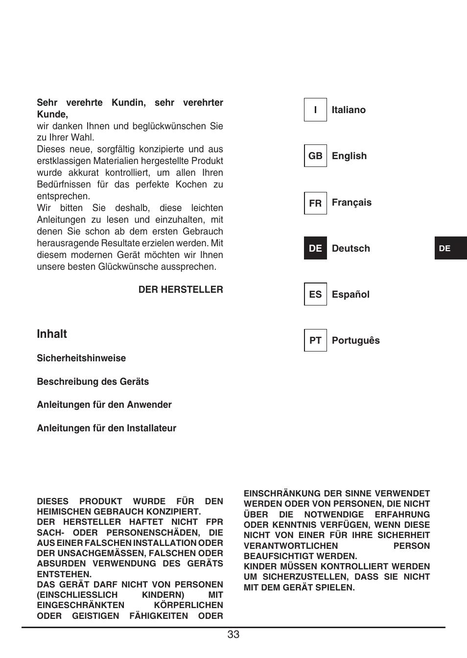 Inhalt | Baumatic BHTP400SS User Manual | Page 33 / 68