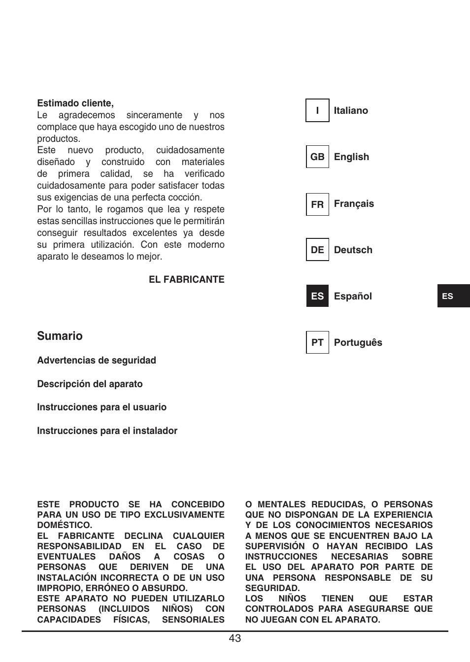 Sumario | Baumatic BHTP400SS User Manual | Page 43 / 68