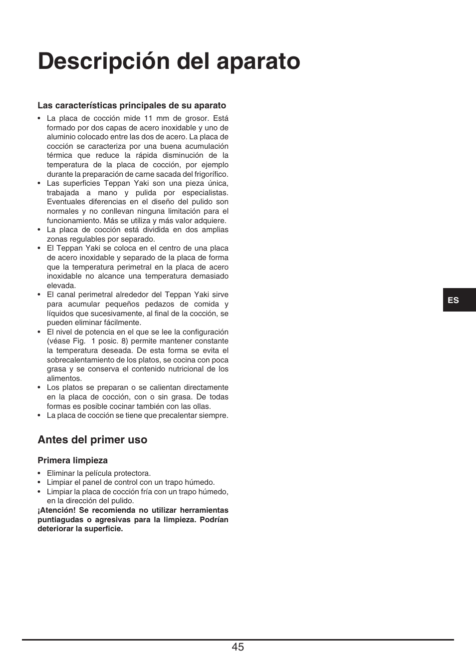 Descripción del aparato, Antes del primer uso | Baumatic BHTP400SS User Manual | Page 45 / 68