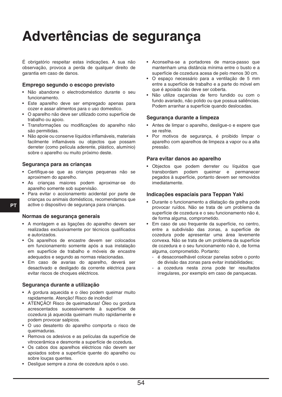 Advertências de segurança | Baumatic BHTP400SS User Manual | Page 54 / 68