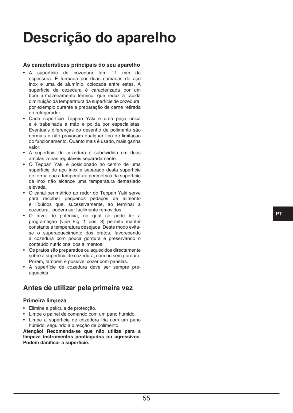 Descrição do aparelho, Antes de utilizar pela primeira vez | Baumatic BHTP400SS User Manual | Page 55 / 68