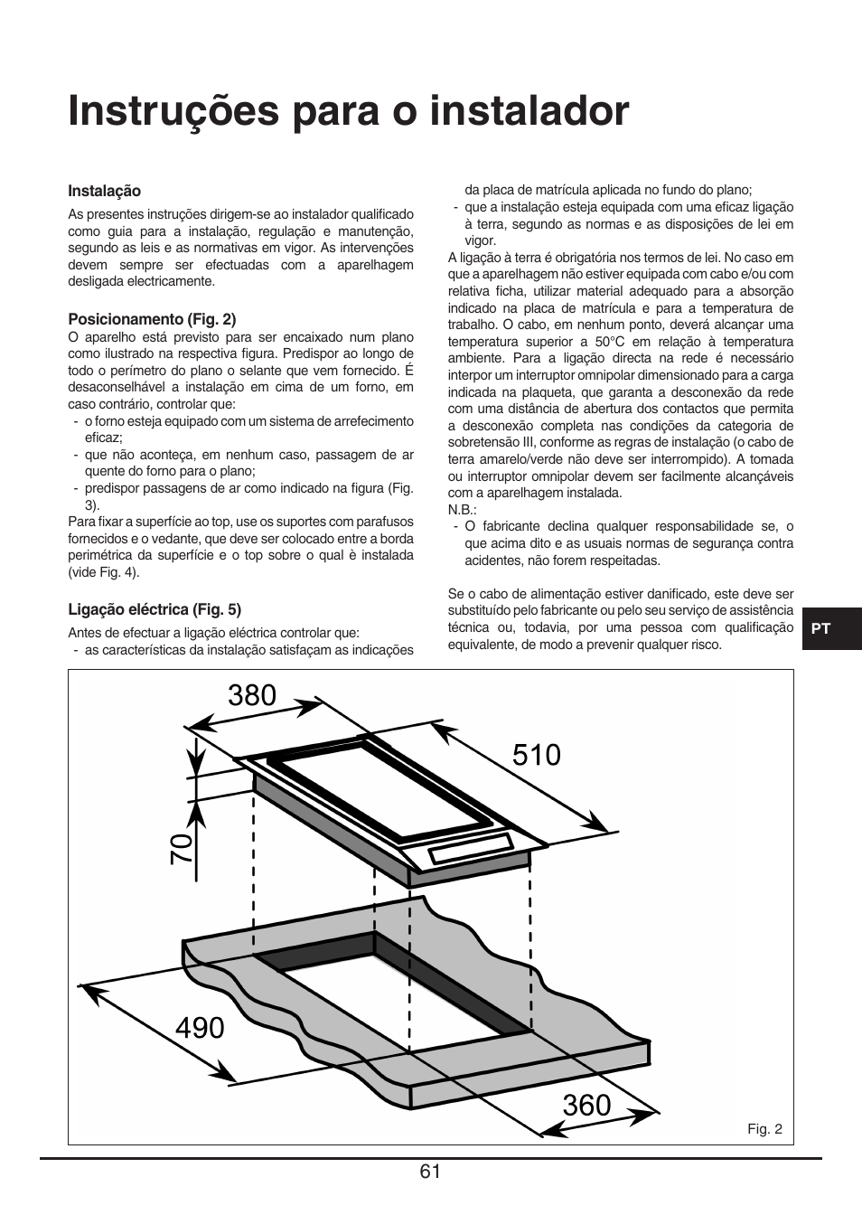 Instruções para o instalador | Baumatic BHTP400SS User Manual | Page 61 / 68