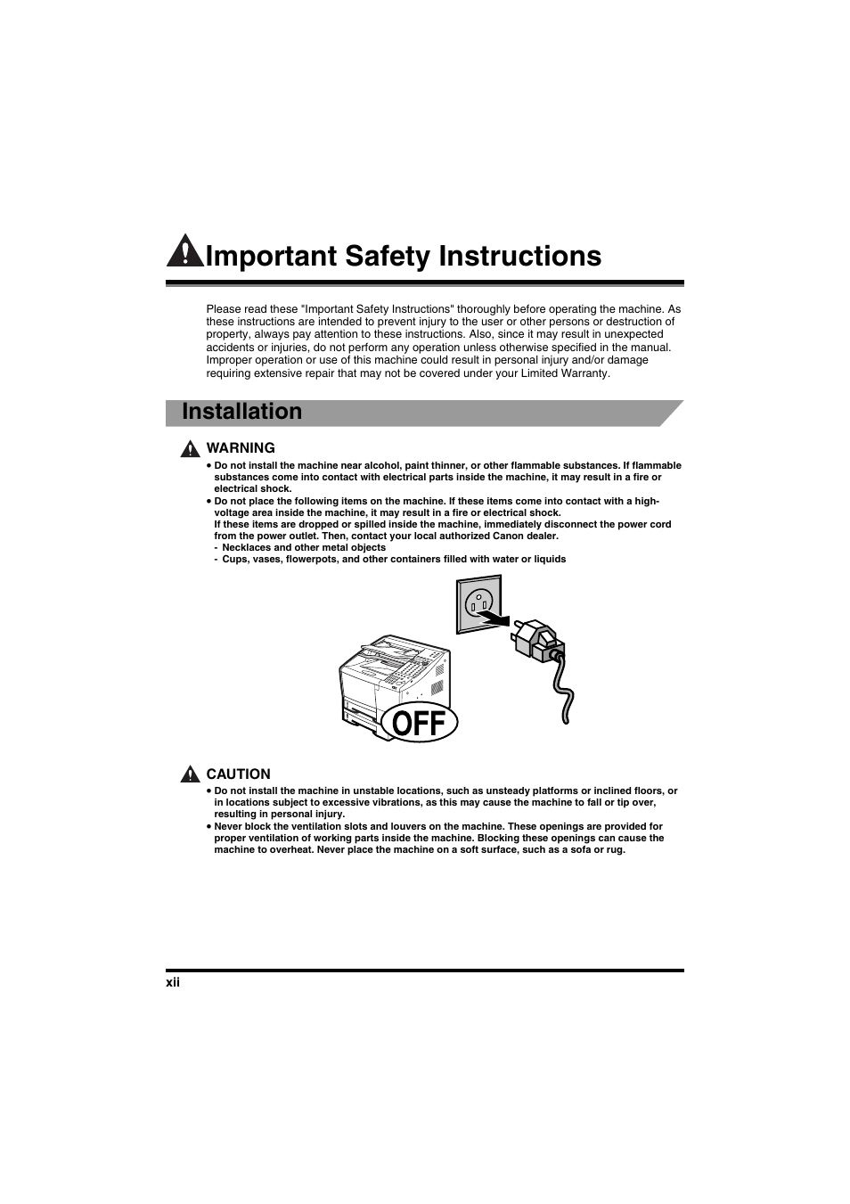 Important safety instructions, Installation | Canon FAX-L2000IP  EN User Manual | Page 12 / 108