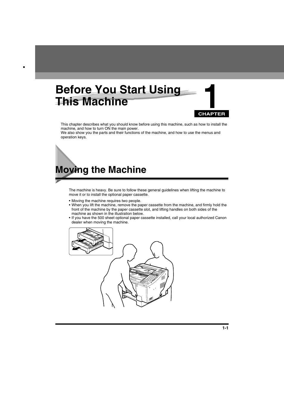 Chapter 1 before you start using this machine, Moving the machine, Chapter 1 | Before you start using this machine, Moving the machine -1 | Canon FAX-L2000IP  EN User Manual | Page 17 / 108