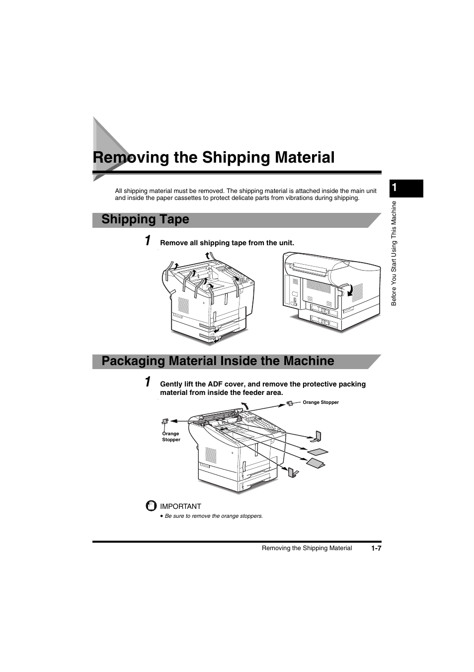 Removing the shipping material, Removing the shipping material -7, Shipping tape | Packaging material inside the machine | Canon FAX-L2000IP  EN User Manual | Page 23 / 108