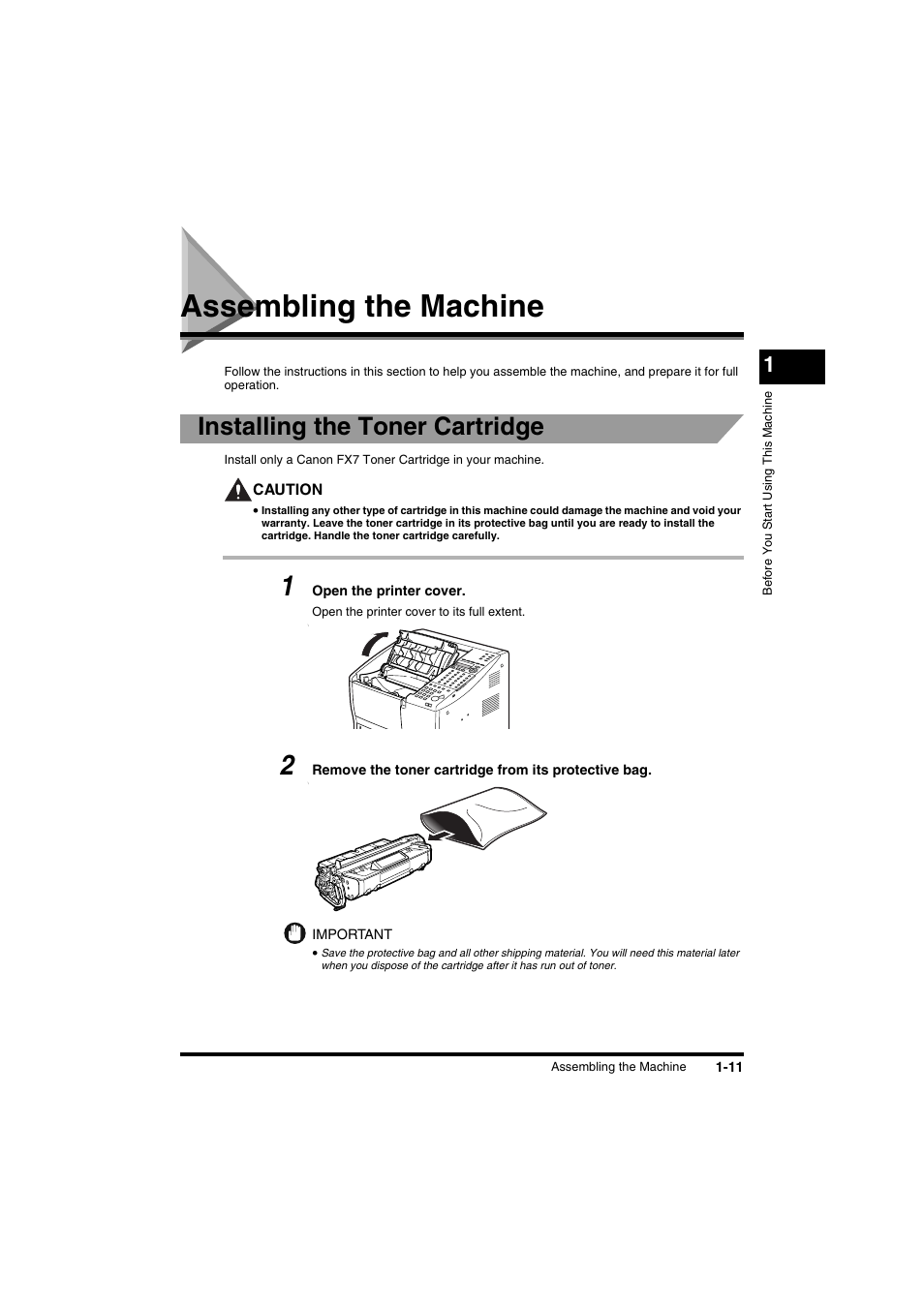 Assembling the machine, Assembling the machine -11, Installing the toner cartridge | Canon FAX-L2000IP  EN User Manual | Page 27 / 108