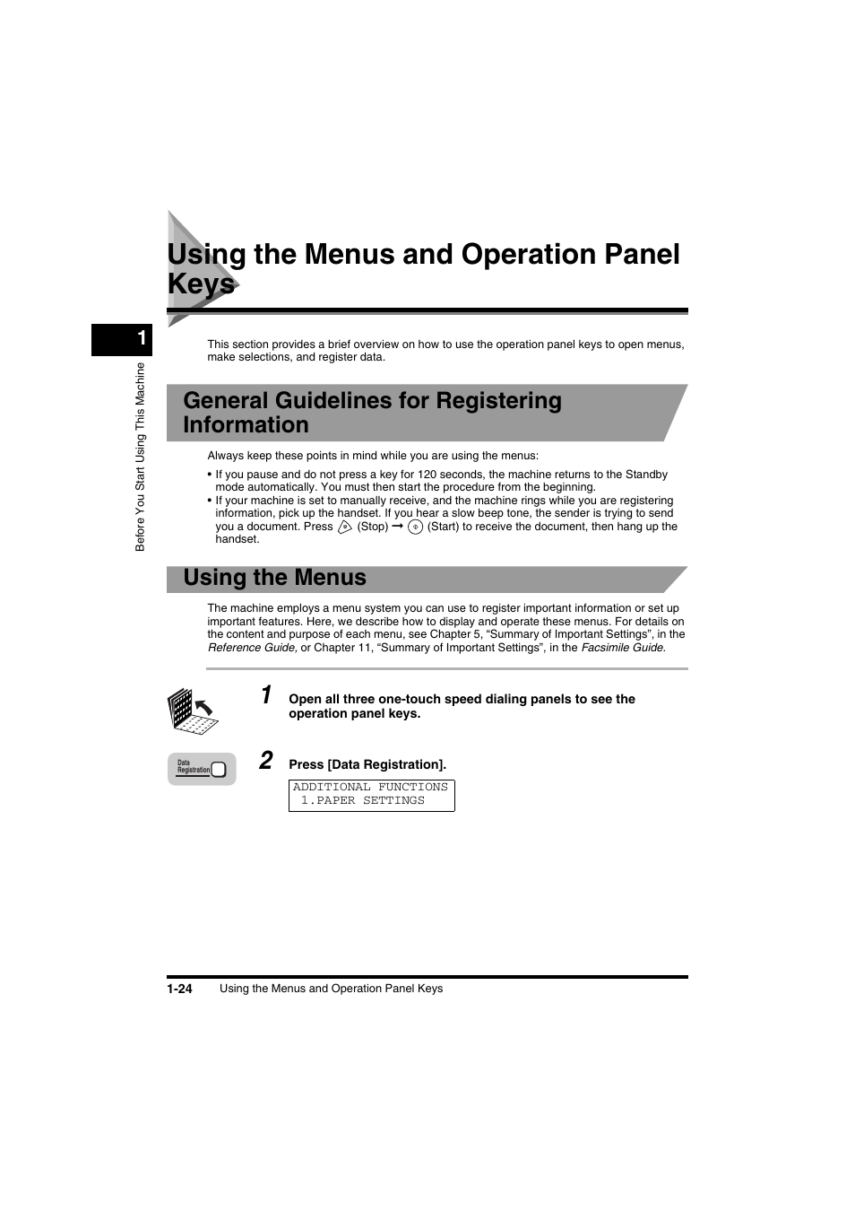 Using the menus and operation panel keys, Using the menus and operation panel keys -24, Entering names for registration -26 | Correcting a mistake -27, Operation panel key summary table -28, General guidelines for registering information, Using the menus | Canon FAX-L2000IP EN User Manual | Page 40 / 108