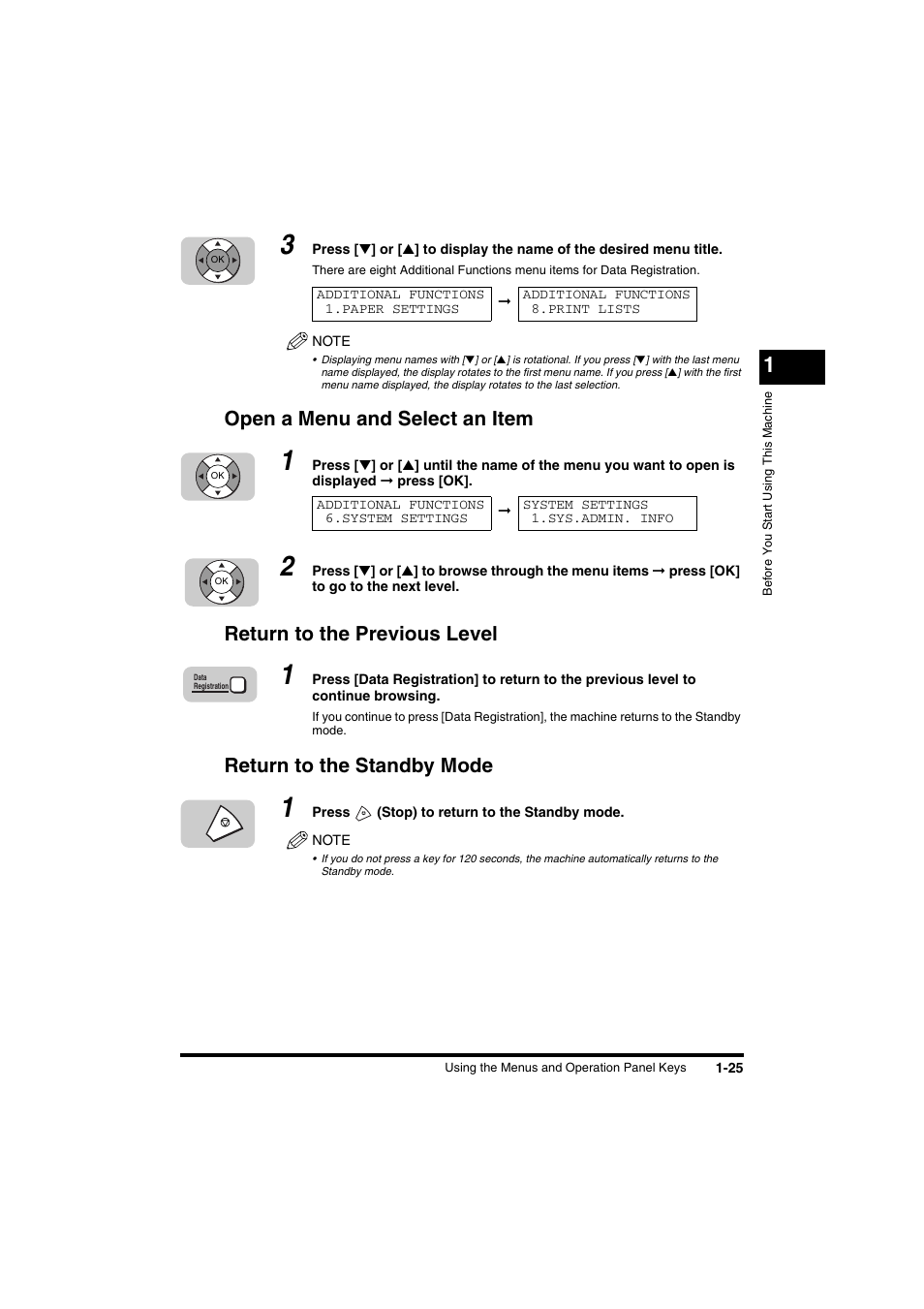 Open a menu and select an item, Return to the previous level, Return to the standby mode | Canon FAX-L2000IP  EN User Manual | Page 41 / 108