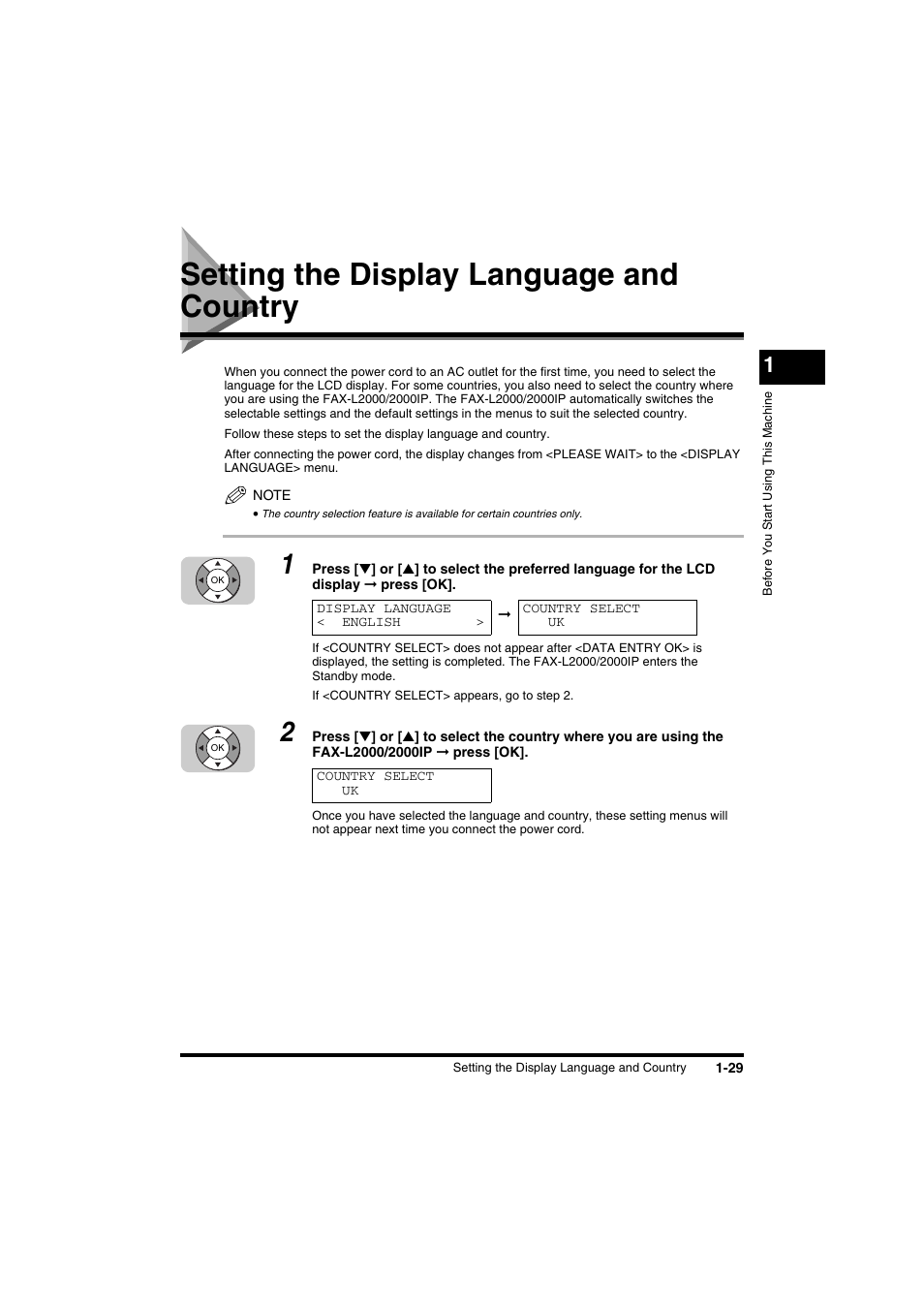 Setting the display language and country, Setting the display language and country -29 | Canon FAX-L2000IP  EN User Manual | Page 45 / 108