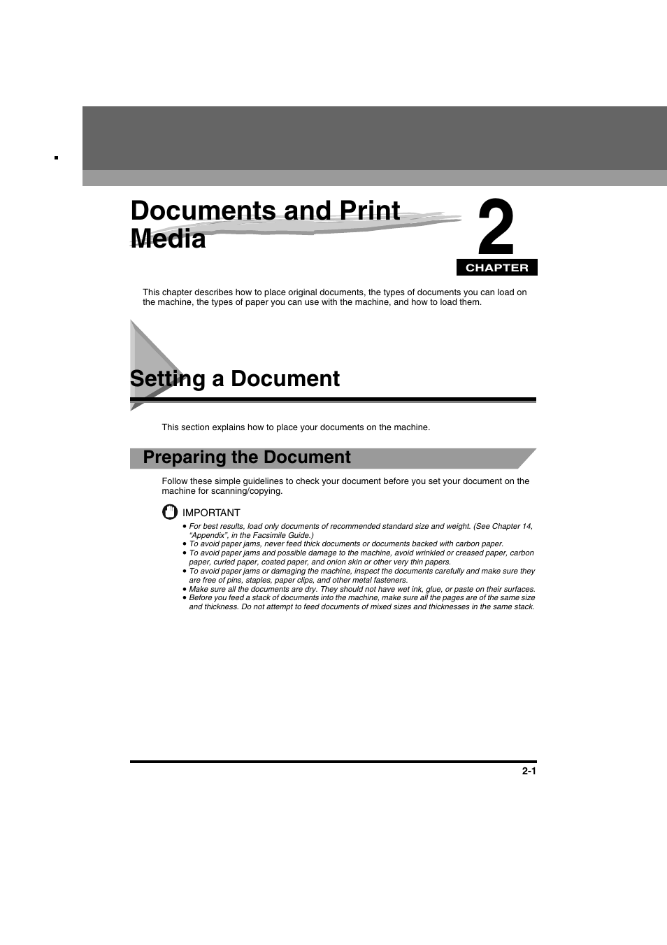 Chapter 2 documents and print media, Setting a document, Chapter 2 | Documents and print media, Setting a document -1, Preparing the document | Canon FAX-L2000IP  EN User Manual | Page 47 / 108