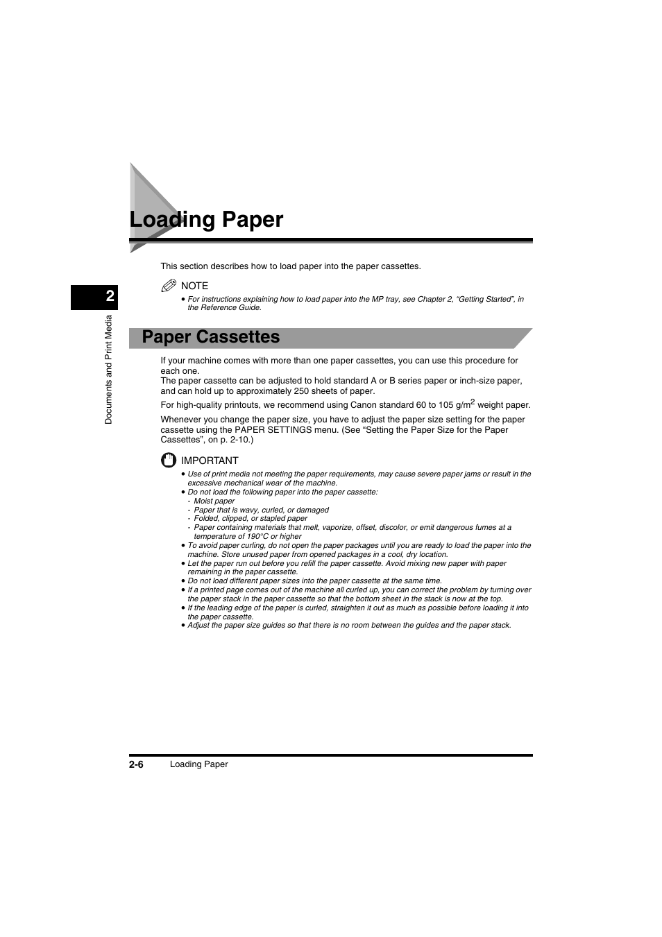 Loading paper, Loading paper -6, Paper cassettes -6 | Setting the paper size for the paper cassettes -10, Paper cassettes | Canon FAX-L2000IP  EN User Manual | Page 52 / 108