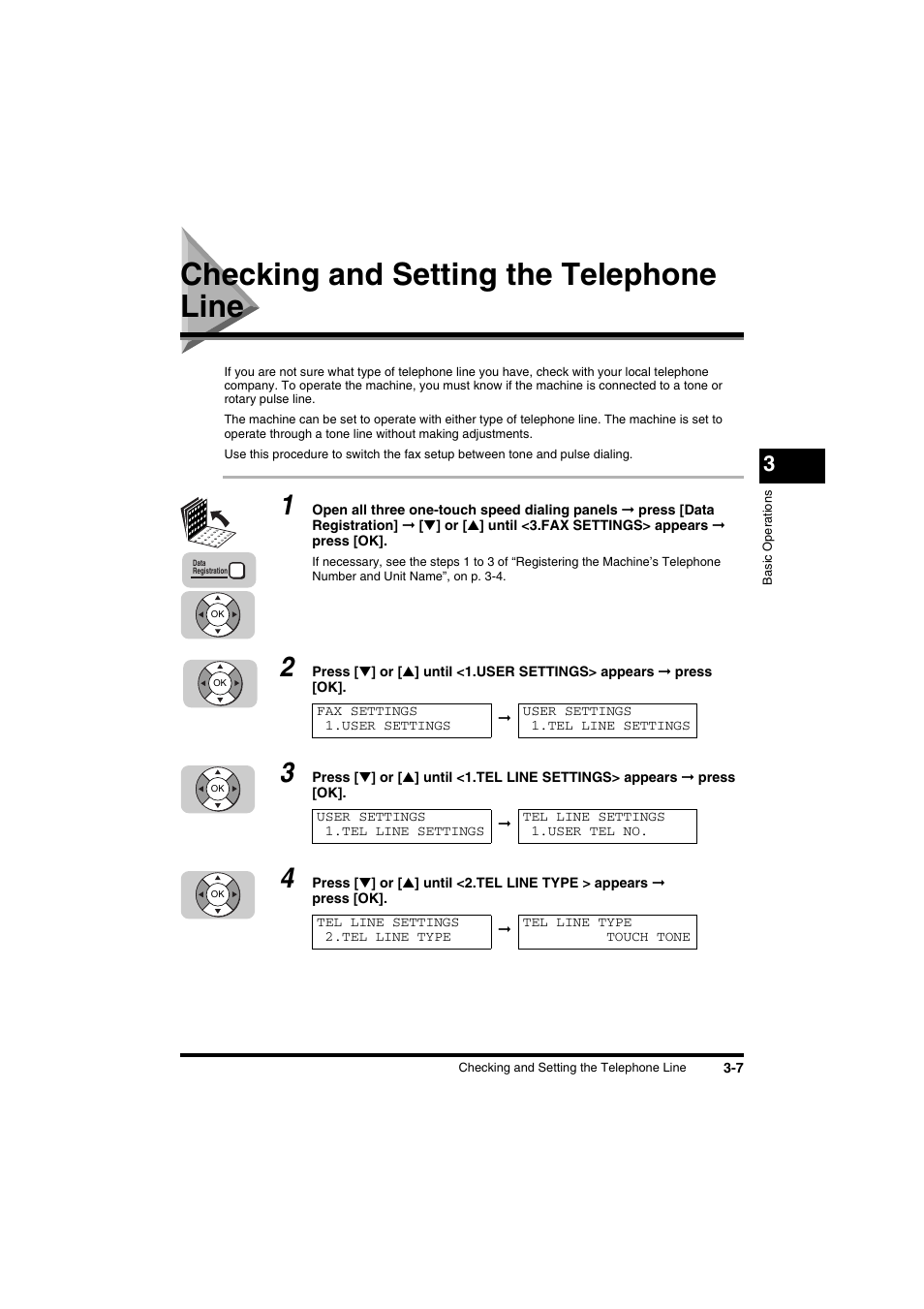 Checking and setting the telephone line, Checking and setting the telephone line -7 | Canon FAX-L2000IP  EN User Manual | Page 63 / 108