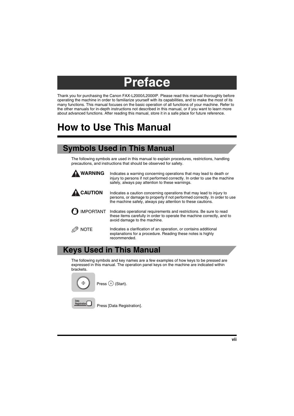 Preface, How to use this manual, Symbols used in this manual | Keys used in this manual | Canon FAX-L2000IP  EN User Manual | Page 7 / 108