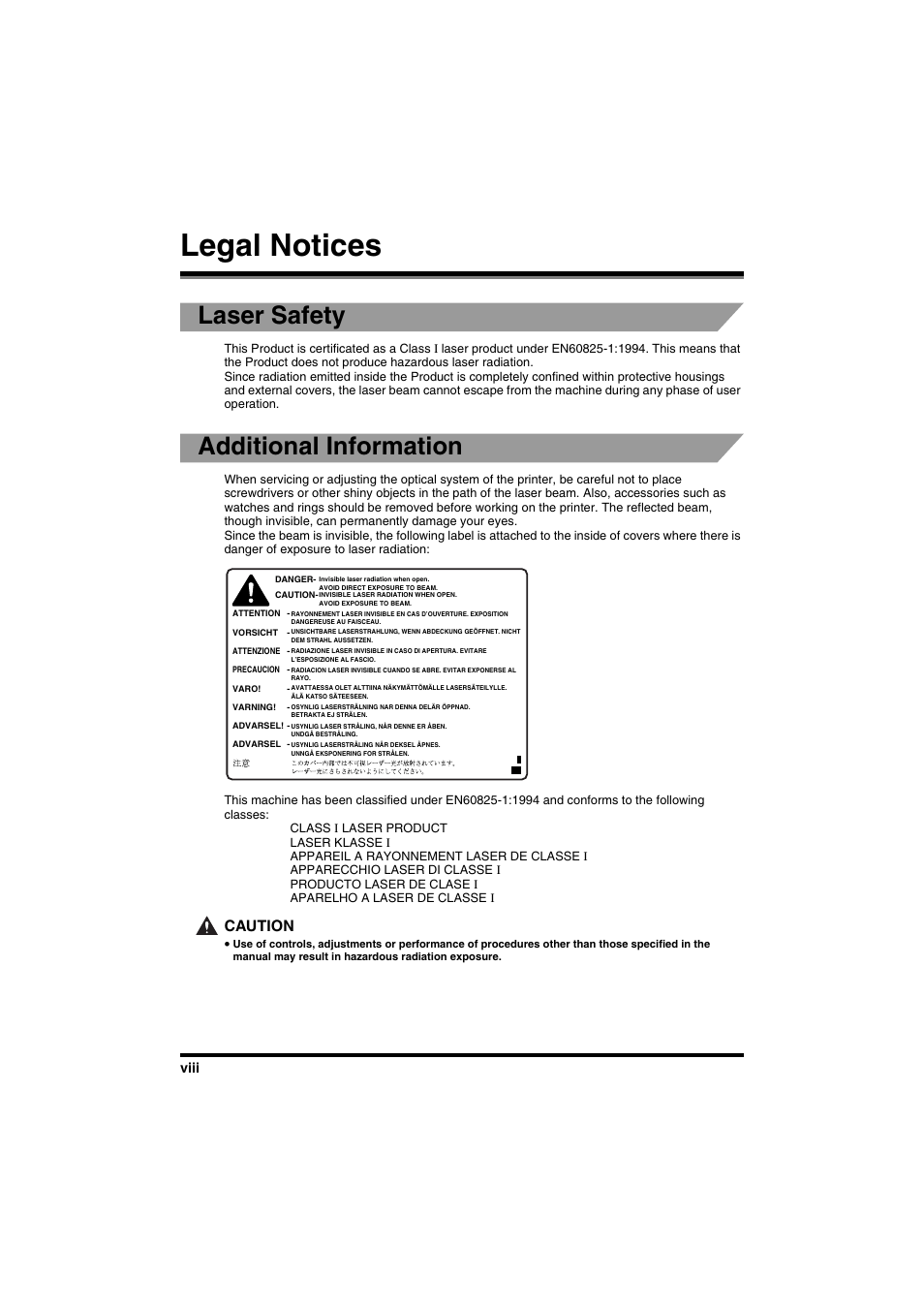 Legal notices, Laser safety, Additional information | Caution | Canon FAX-L2000IP  EN User Manual | Page 8 / 108