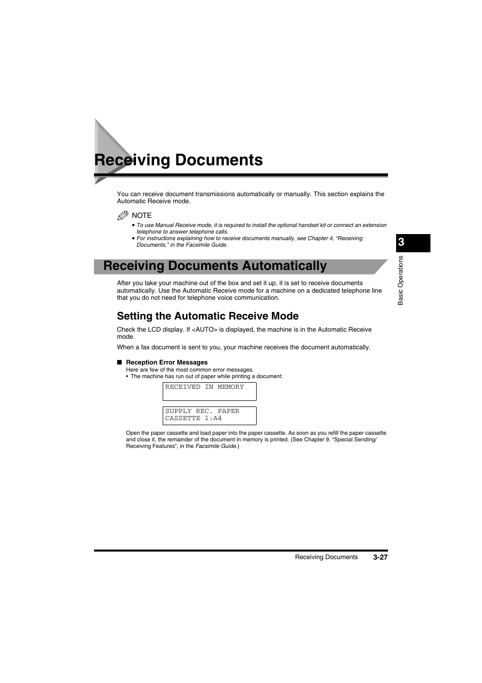 Receiving documents, Receiving documents -27, Receiving documents automatically -27 | Setting the automatic receive mode -27, Receiving documents automatically, Setting the automatic receive mode | Canon FAX-L2000IP  EN User Manual | Page 83 / 108