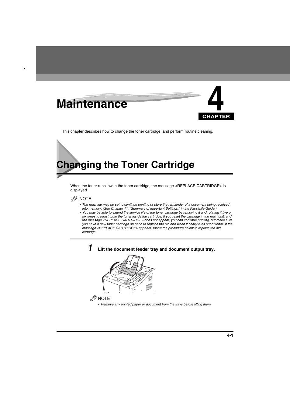 Chapter 4 maintenance, Changing the toner cartridge, Chapter 4 | Maintenance, Changing the toner cartridge -1 | Canon FAX-L2000IP  EN User Manual | Page 87 / 108