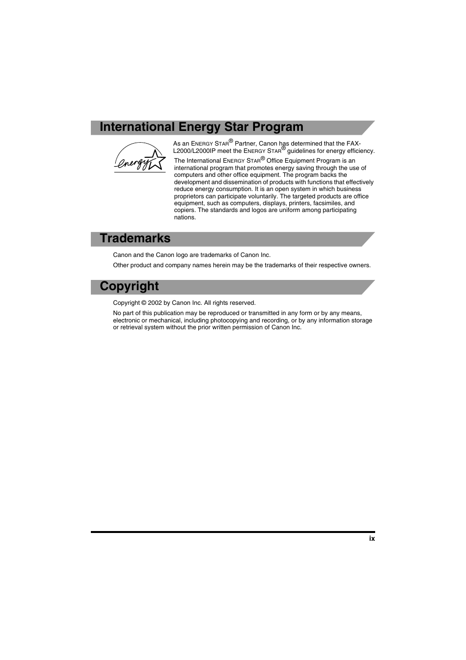 International energy star program, Trademarks, Copyright | Canon FAX-L2000IP  EN User Manual | Page 9 / 108