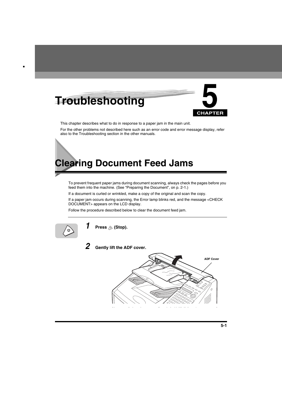 Chapter 5 troubleshooting, Clearing document feed jams, Chapter 5 | Troubleshooting, Clearing document feed jams -1 | Canon FAX-L2000IP  EN User Manual | Page 99 / 108