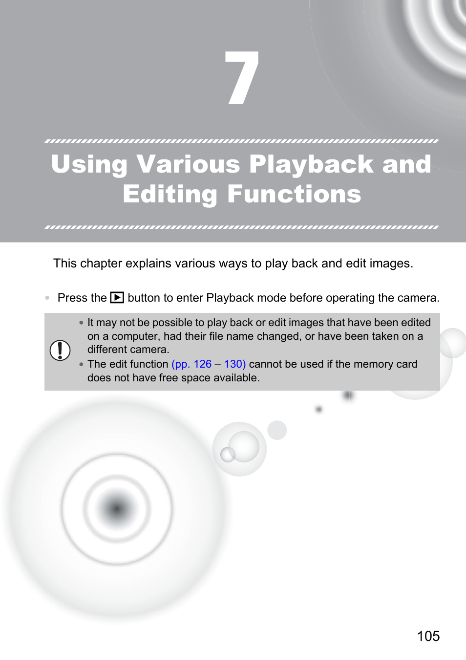 7 using various playback and editing functions, 7 using various playback and, Editing functions | Using various playback and editing functions | Canon 210 User Manual | Page 105 / 176
