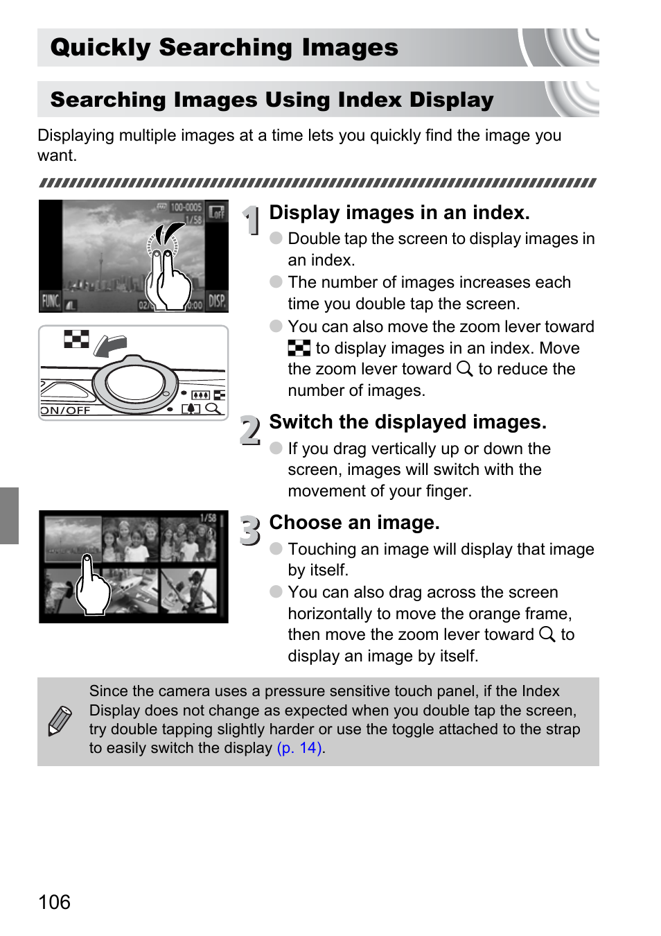 Quickly searching images, Pp. 106, Ages | P. 106), Searching images using index display, Display images in an index, Switch the displayed images, Choose an image | Canon 210 User Manual | Page 106 / 176