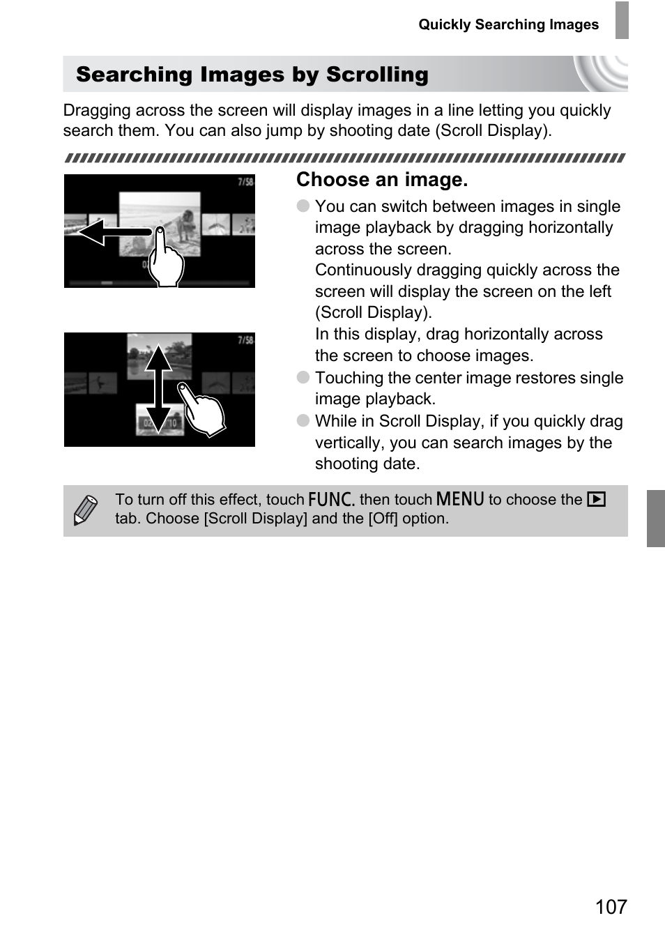Searching images by scrolling, Choose an image | Canon 210 User Manual | Page 107 / 176