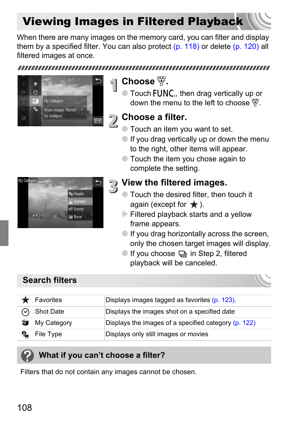 Viewing images in filtered playback, Viewing images in filtered, Playback | P. 108), Choose, Choose a filter, View the filtered images | Canon 210 User Manual | Page 108 / 176