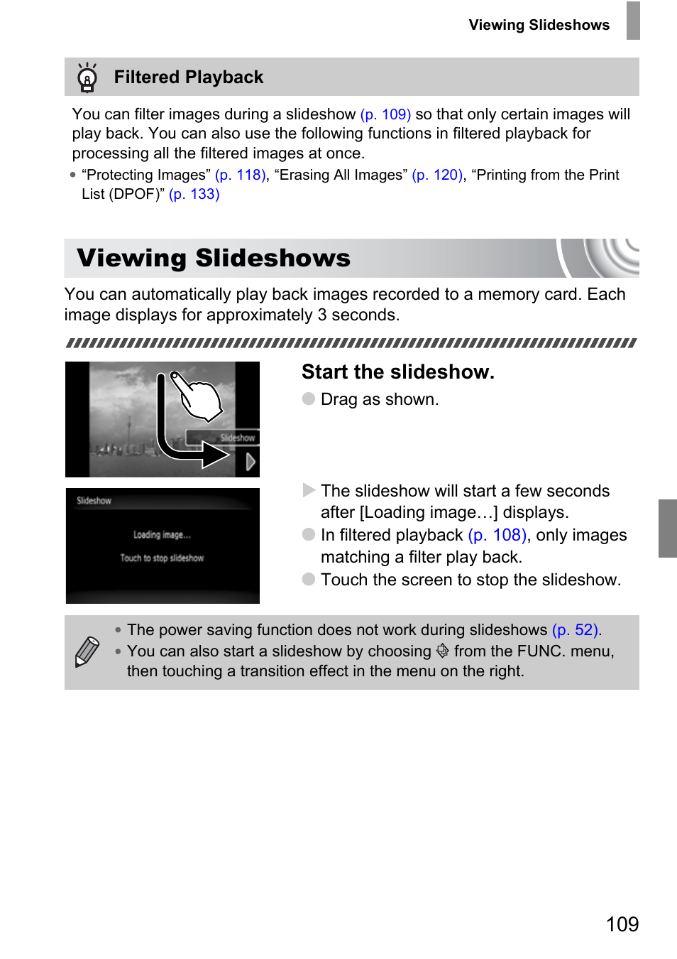 Viewing slideshows, P. 109), Start the slideshow | Canon 210 User Manual | Page 109 / 176