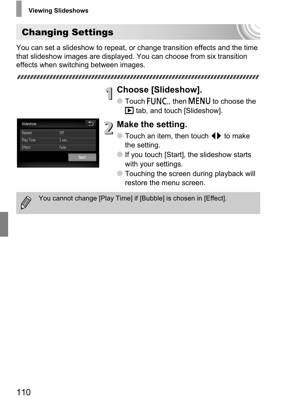 Changing settings, Choose [slideshow, Make the setting | Canon 210 User Manual | Page 110 / 176