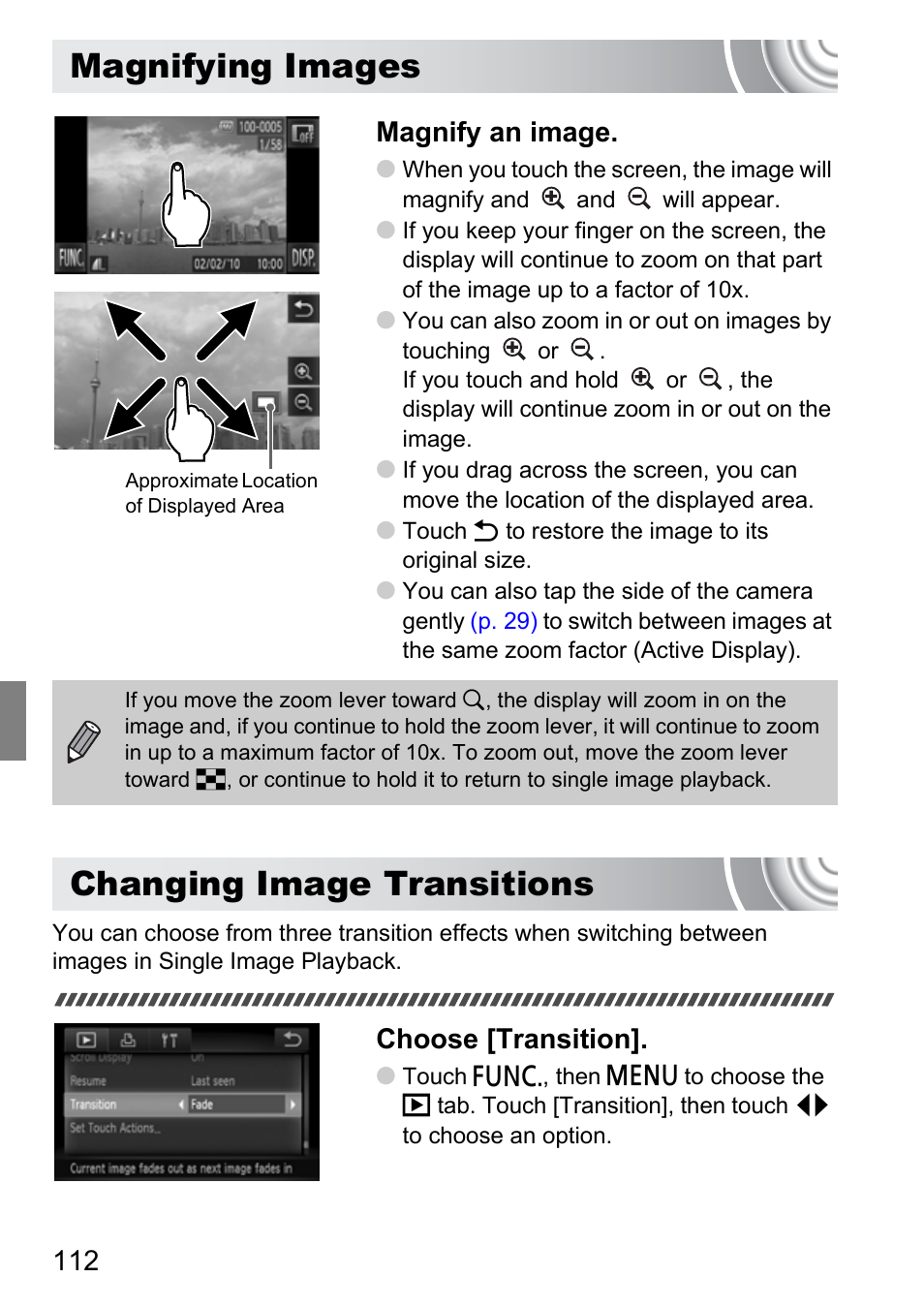 Magnifying images, Changing image transitions, Magnifying images changing image transitions | Tions, P. 112), Magnify an image, Choose [transition | Canon 210 User Manual | Page 112 / 176