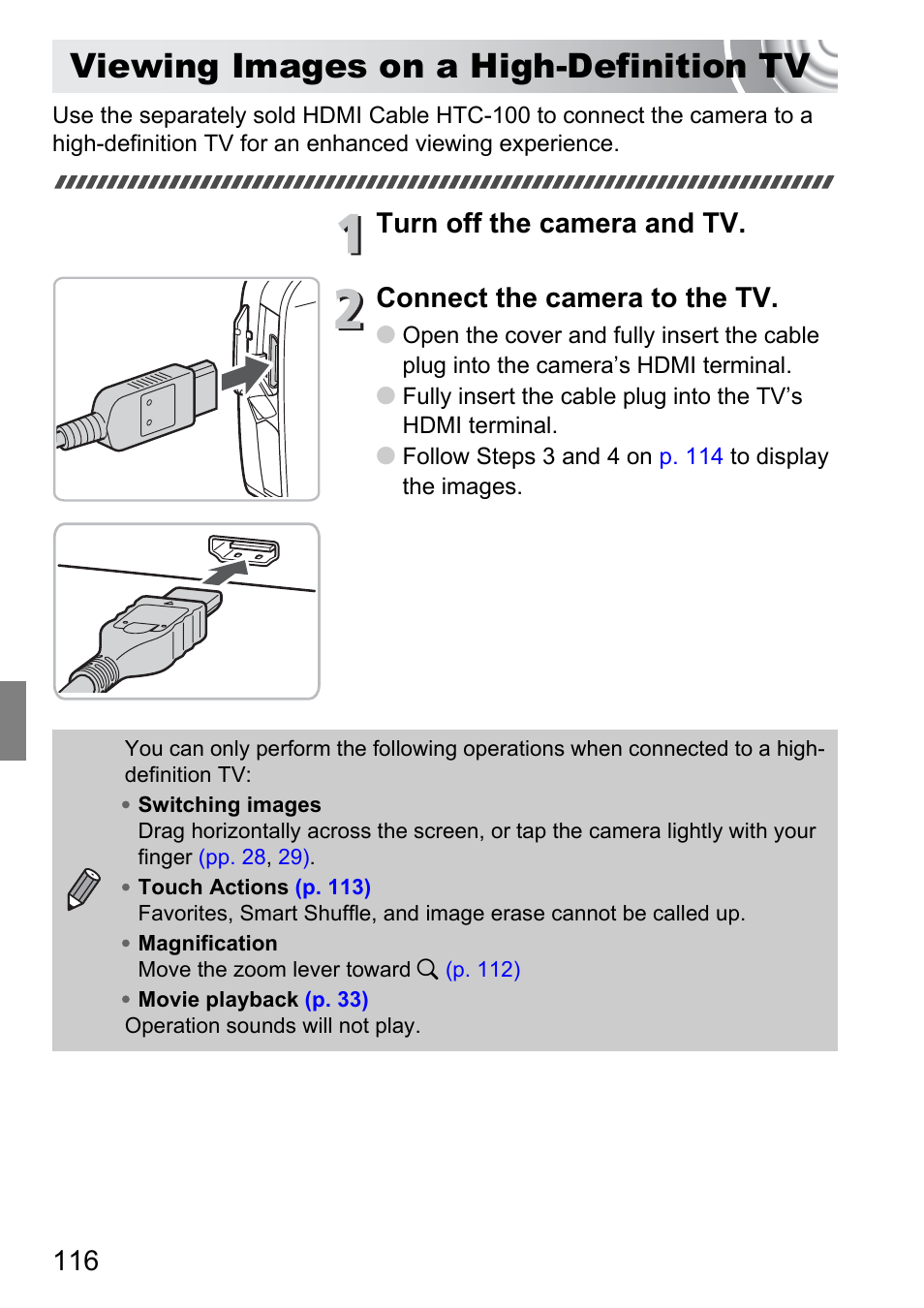 Viewing images on a high-definition tv, Viewing images on, A high-definition tv | P. 116) | Canon 210 User Manual | Page 116 / 176
