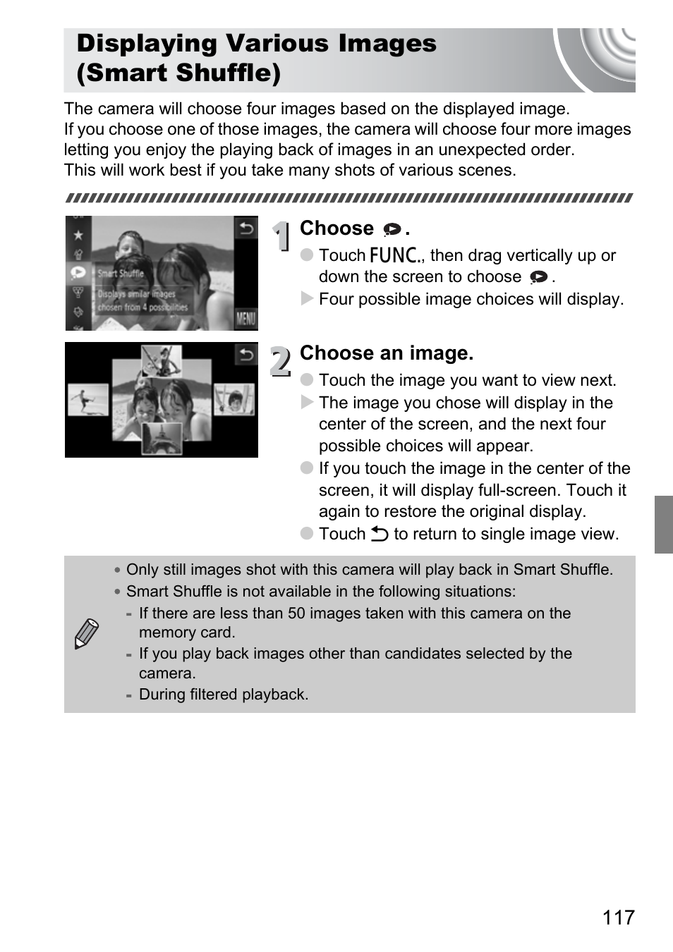 Displaying various images (smart shuffle), Displaying various images, Smart shuffle) | P. 117), Choose, Choose an image | Canon 210 User Manual | Page 117 / 176