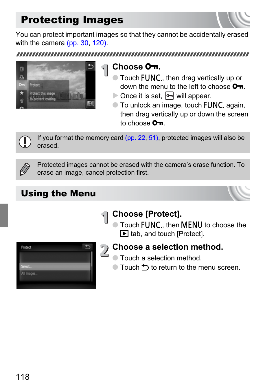 Protecting images, P. 118), G images | Using the menu, Choose, Choose [protect, Choose a selection method | Canon 210 User Manual | Page 118 / 176