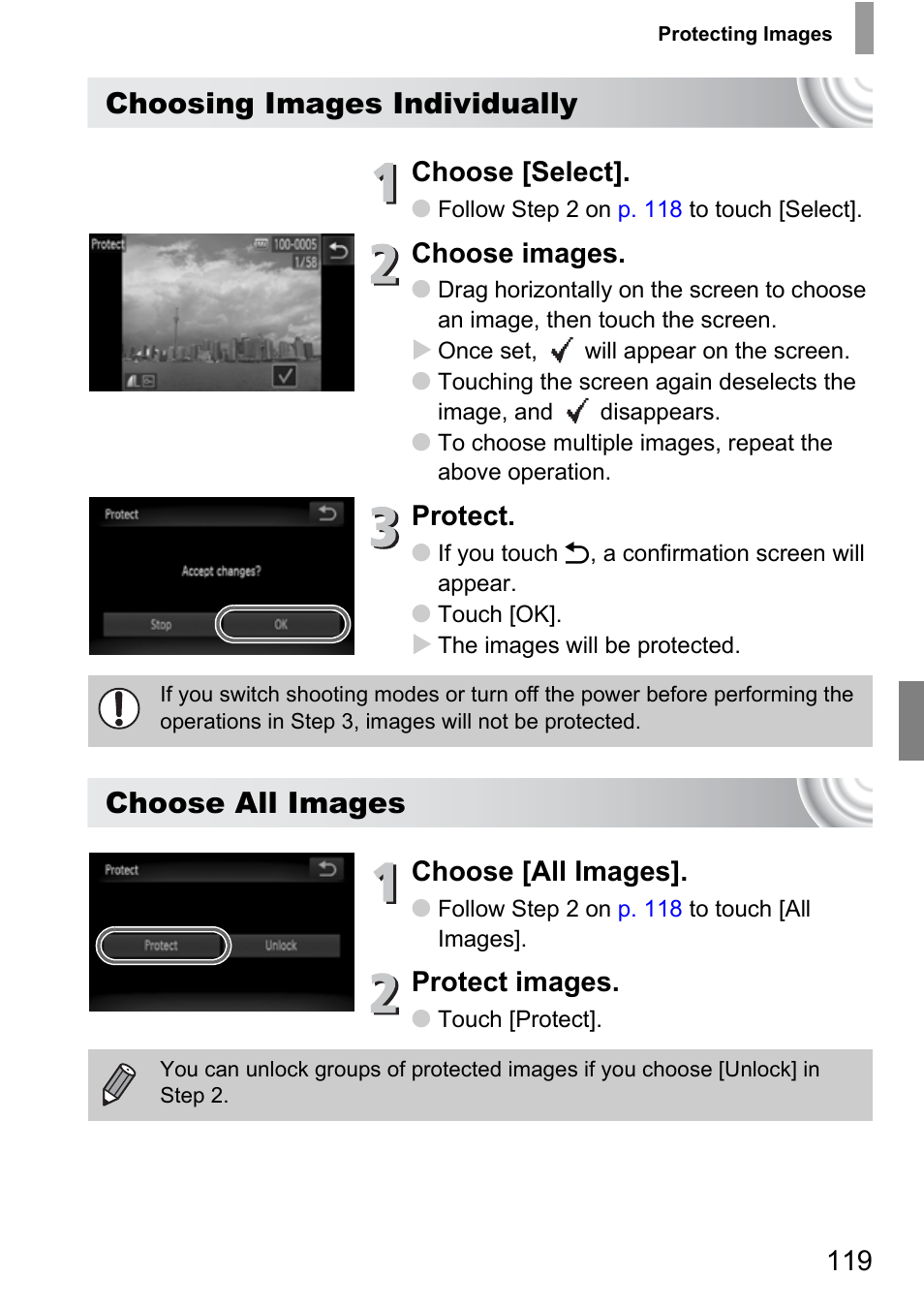Choosing images individually, Choose all images, Choose [select | Choose images, Protect, Choose [all images, Protect images | Canon 210 User Manual | Page 119 / 176