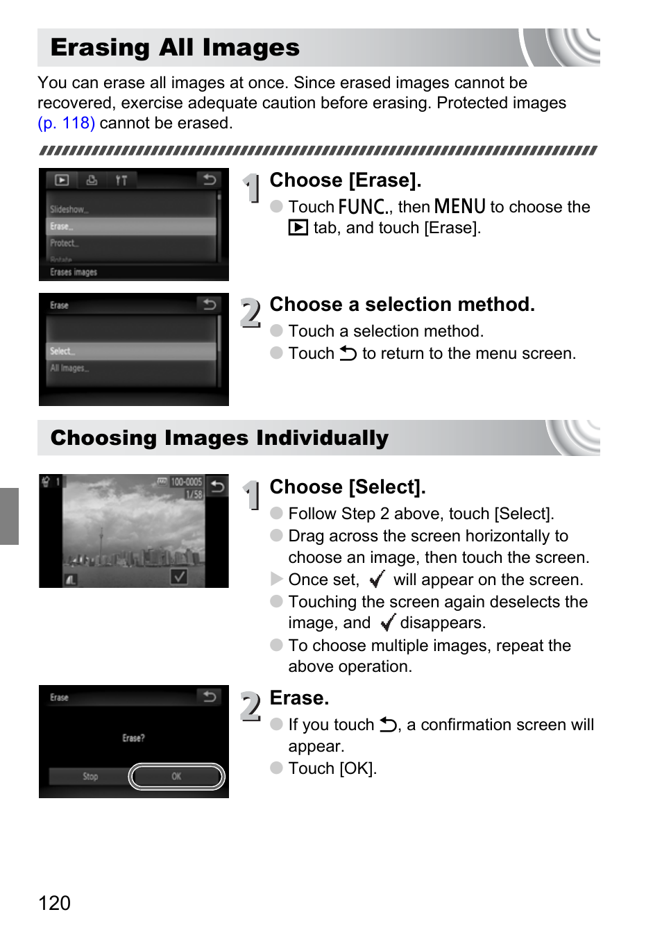 Erasing all images, P. 120), Sing all images | Choosing images individually, Choose [erase, Choose a selection method, Choose [select, Erase | Canon 210 User Manual | Page 120 / 176