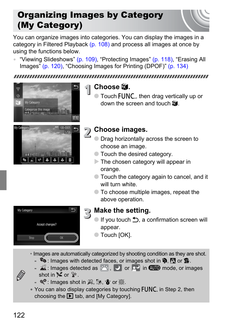 Organizing images by category (my category), Organizing images by category, My category) | P. 122), Choose, Choose images, Make the setting | Canon 210 User Manual | Page 122 / 176