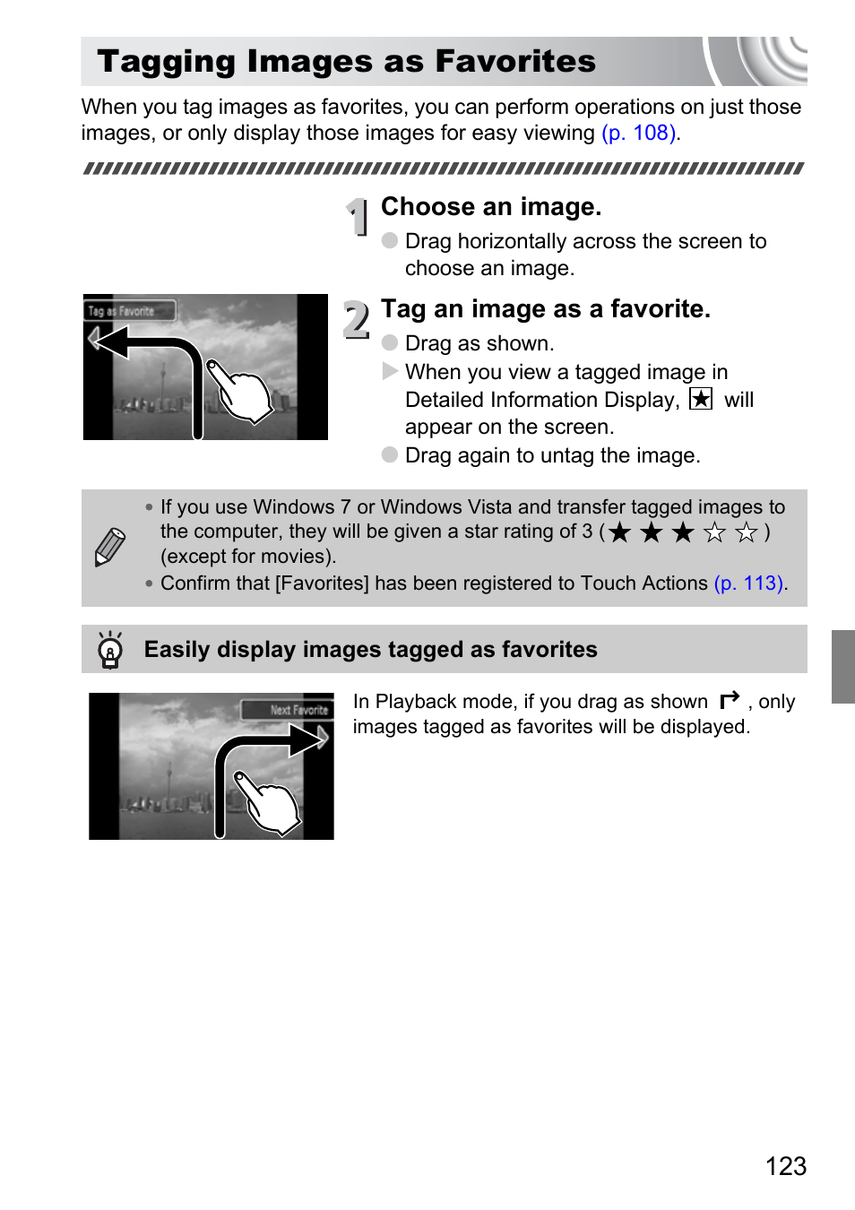 Tagging images as favorites, P. 123), Choose an image | Tag an image as a favorite | Canon 210 User Manual | Page 123 / 176