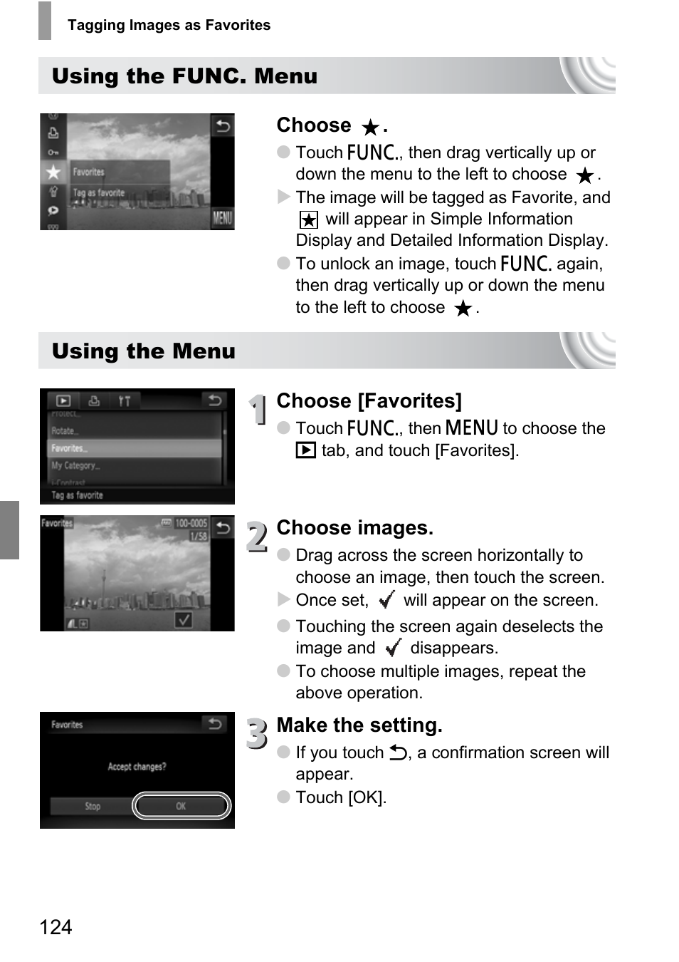 Using the func. menu, Using the menu, Choose | Choose [favorites, Choose images, Make the setting | Canon 210 User Manual | Page 124 / 176