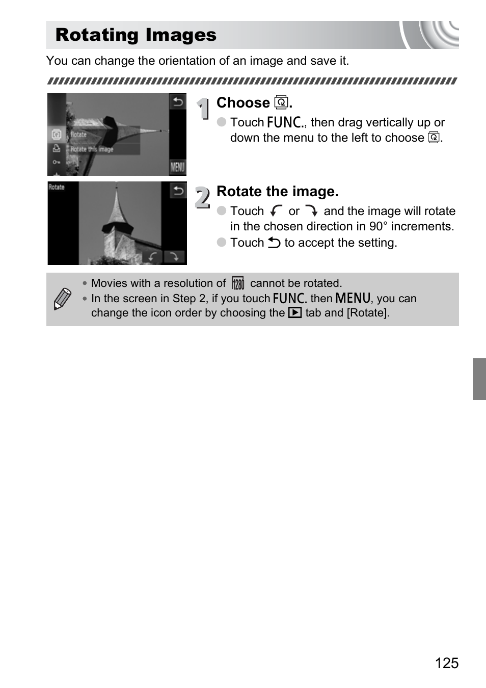 Rotating images, P. 125), Choose | Rotate the image | Canon 210 User Manual | Page 125 / 176