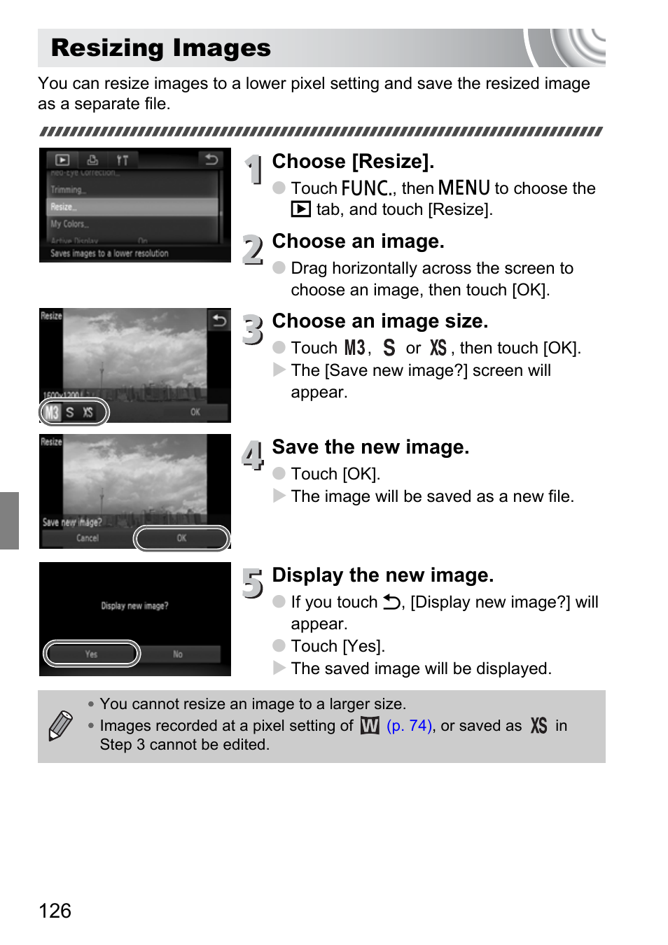 Resizing images, Pp. 126, Choose [resize | Choose an image, Choose an image size, Save the new image, Display the new image | Canon 210 User Manual | Page 126 / 176