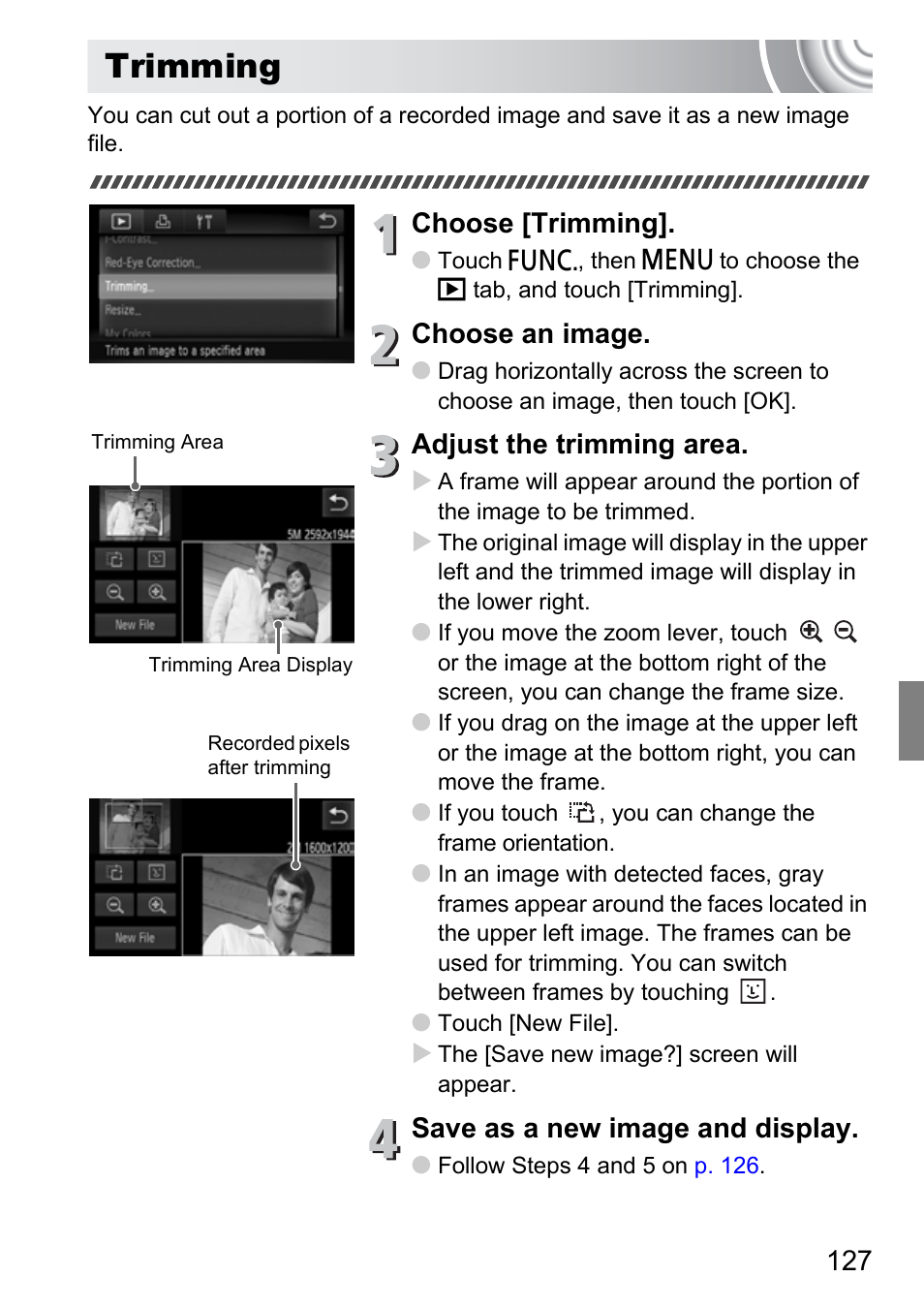 Trimming, Choose [trimming, Choose an image | Adjust the trimming area, Save as a new image and display | Canon 210 User Manual | Page 127 / 176