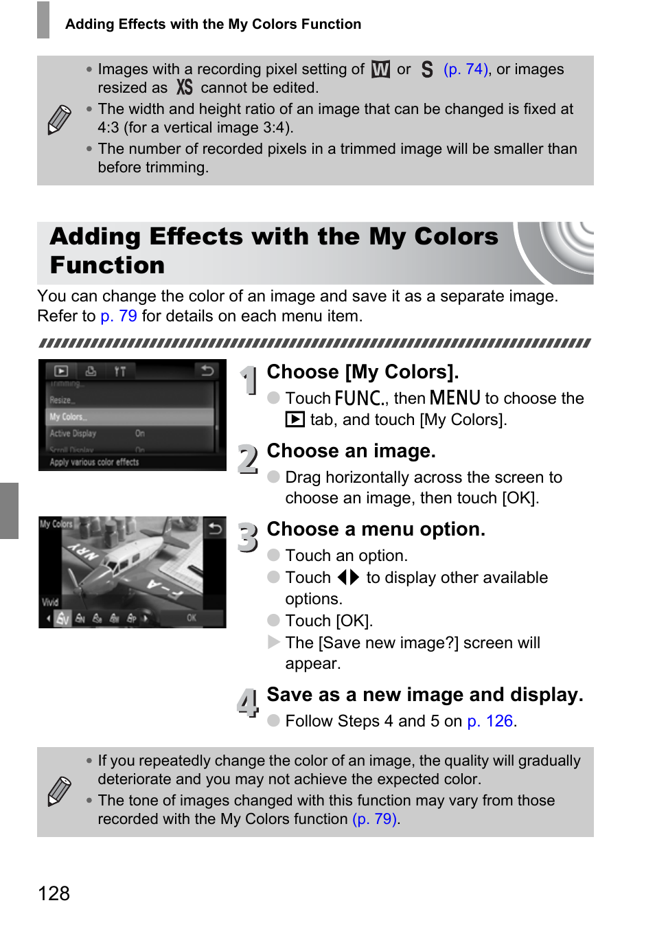 Adding effects with the my colors function, Adding effects with the my colors, Function | Choose [my colors, Choose an image, Choose a menu option, Save as a new image and display | Canon 210 User Manual | Page 128 / 176