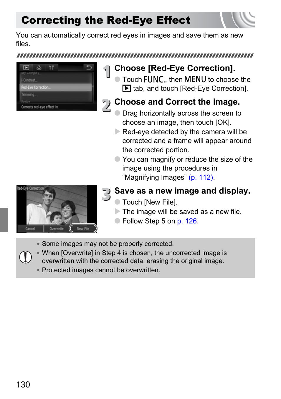 Correcting the red-eye effect, Choose [red-eye correction, Choose and correct the image | Save as a new image and display | Canon 210 User Manual | Page 130 / 176