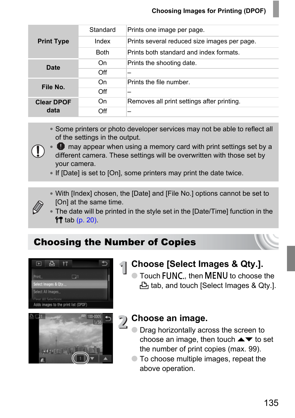 Choosing the number of copies, Choose [select images & qty, Choose an image | Canon 210 User Manual | Page 135 / 176