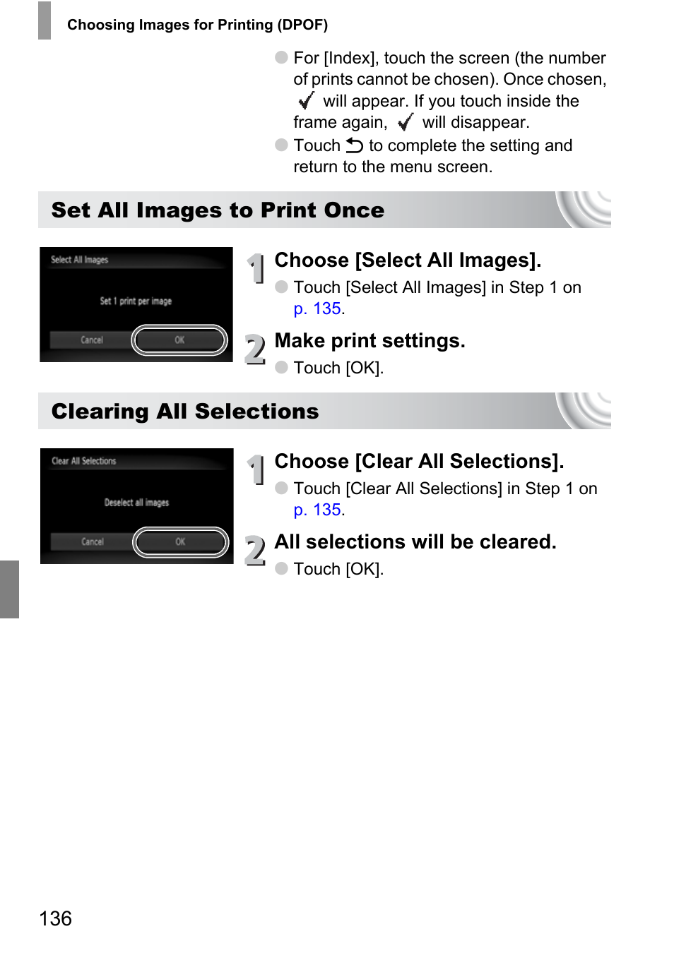 Set all images to print once, Clearing all selections, Choose [select all images | Make print settings, Choose [clear all selections, All selections will be cleared | Canon 210 User Manual | Page 136 / 176