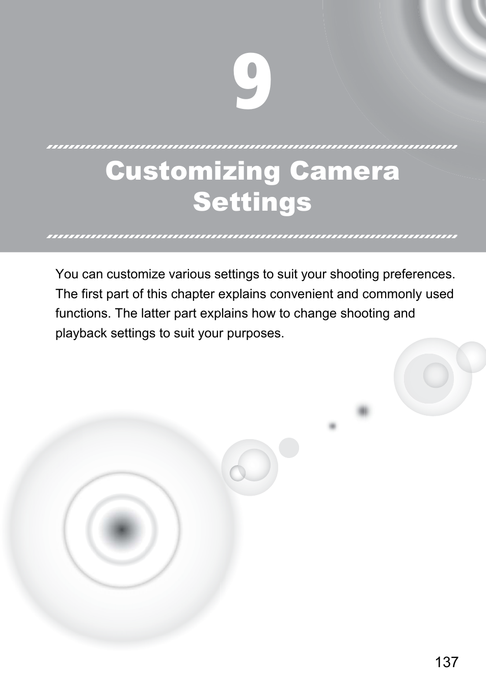 9 customizing camera settings, 9 customizing camera, Settings | Canon 210 User Manual | Page 137 / 176